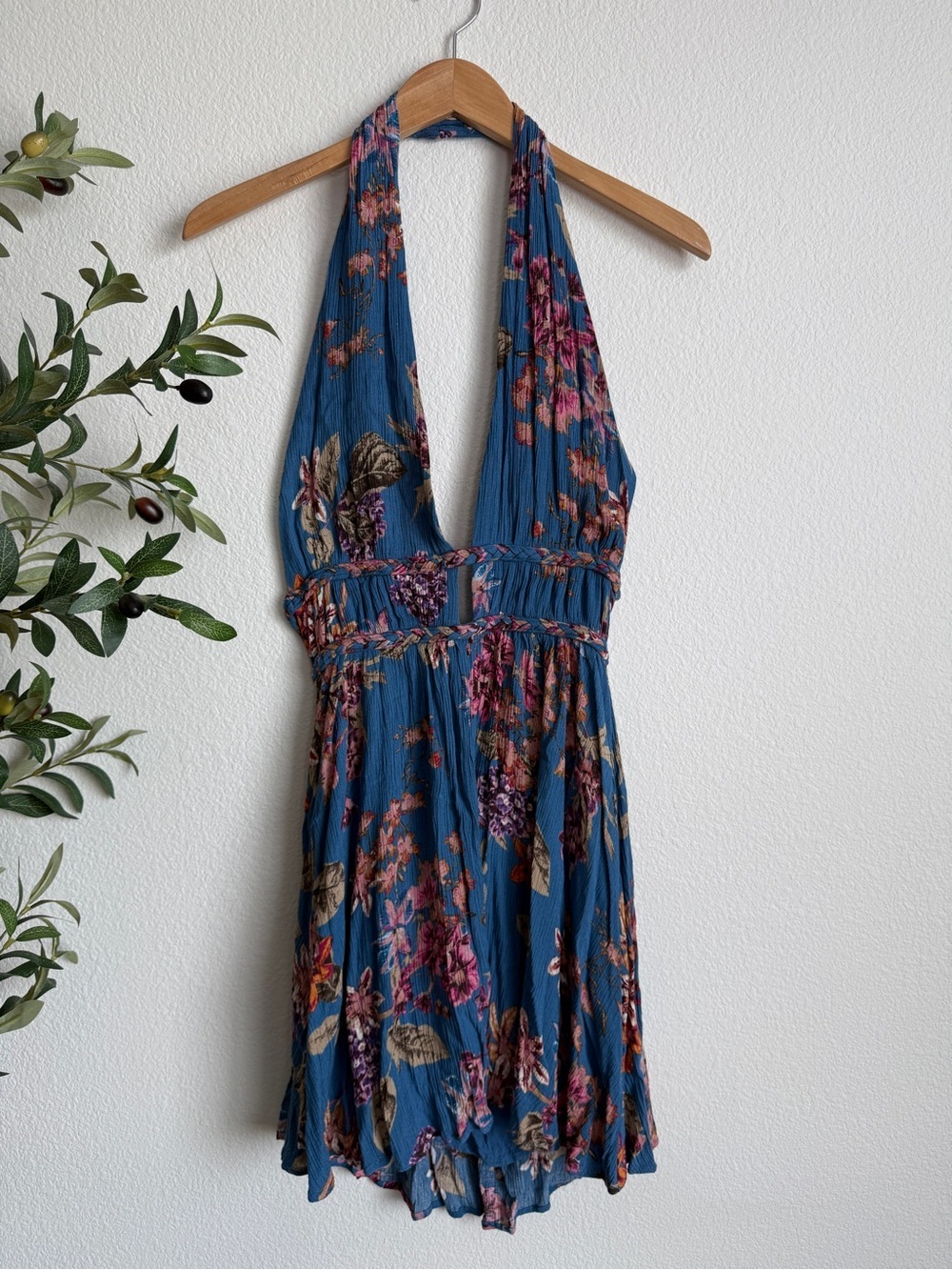 Lela Sky Blue Floral Boho Vacation Open Back Halter Mini Dress Womens Size Large